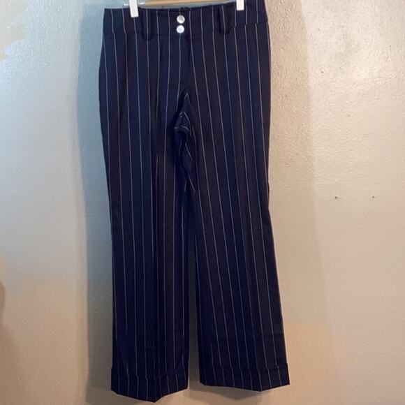 Falconnable Wool Silk Pinstripe Wide Leg Pant Navy White Sz 8 Scandi Girl Luxury - Picture 9 of 12